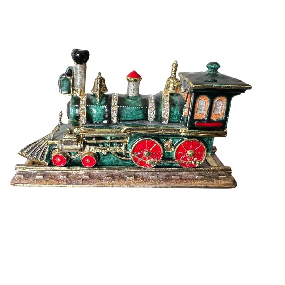 Steam Locomotive Train Trinket Box 4 1/2"  X 2" Enamel Bejeweled Holiday Weighty